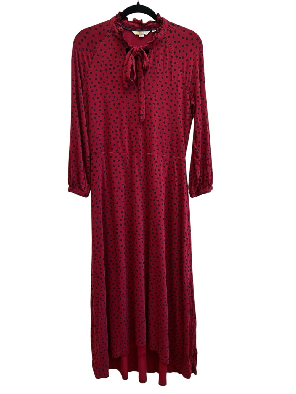 Boden Red Black Polka Dot Jersey Midi Dress Ruffle Neck Tie Front US 6R